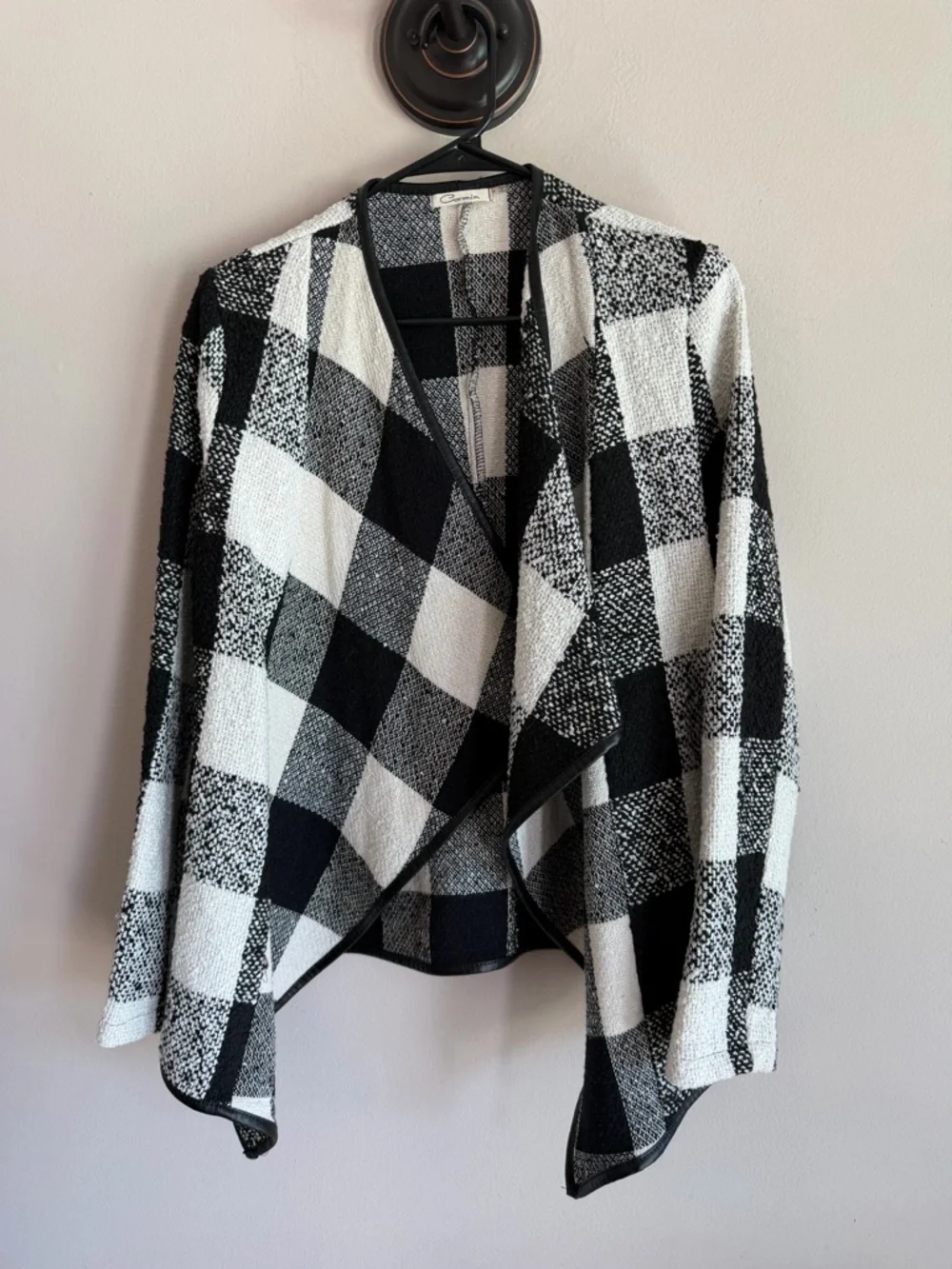 Carmin Buffalo Plaid Draped Open Front Cardigan Black White Faux Leather Trim M - Picture 1 of 4